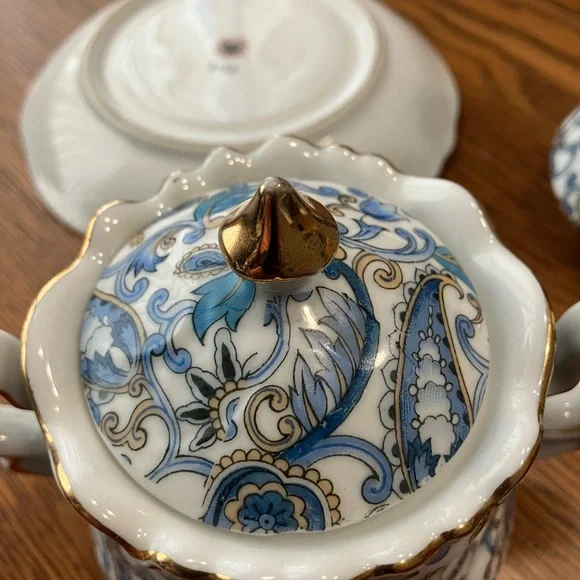 Vintage MCM Lefton 5pc Blue Paisley Design w/Gold Trim Bone China Tea Set - Picture 14 of 16